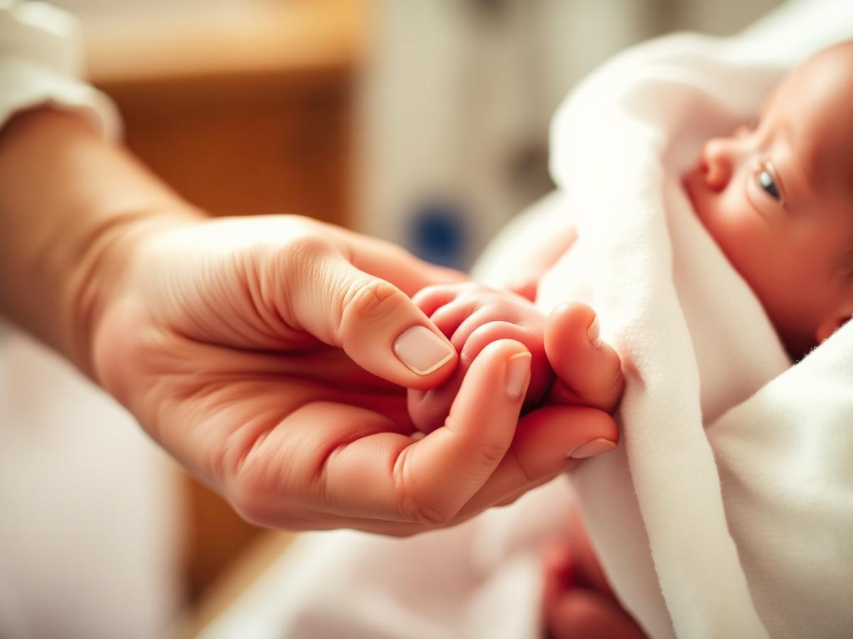 Mother holding premature baby's hand